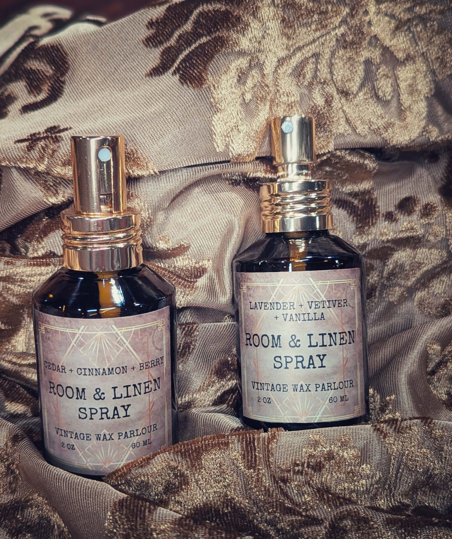 Room & Linen Spray bottles featuring vintage fragrance scents, perfect for vintage home decor and handmade candle lovers.