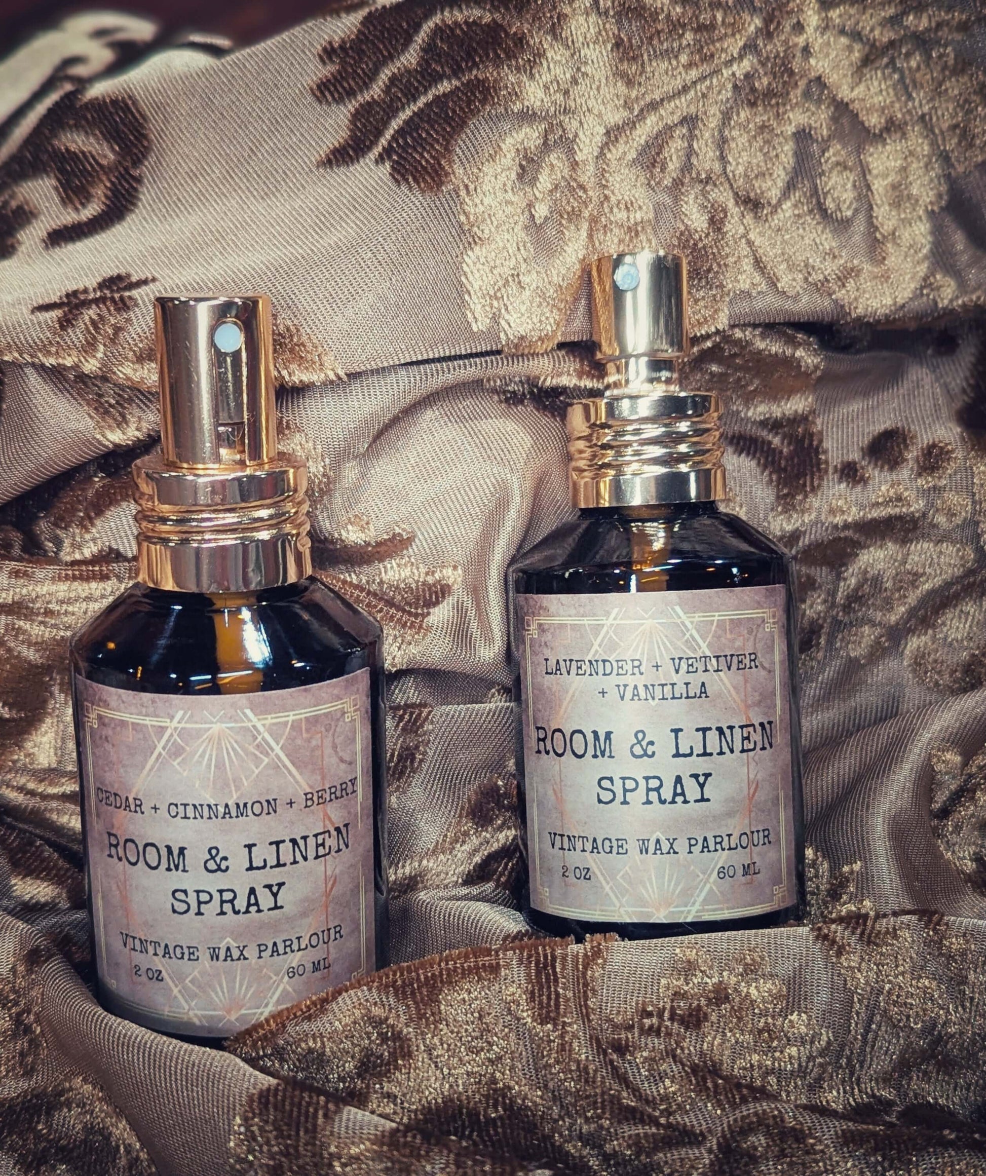 Room & Linen Spray bottles featuring vintage fragrance scents, perfect for vintage home decor and handmade candle lovers.
